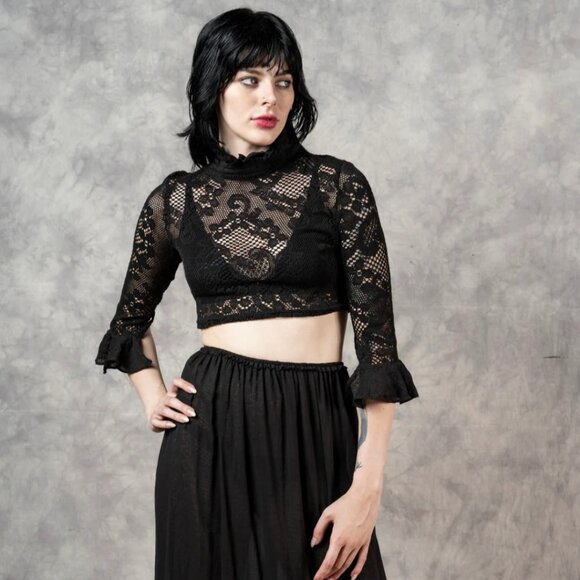 Nuit Atelier Lace High Collar Crop Top Blouse Black Cotton - Size M - Picture 1 of 12